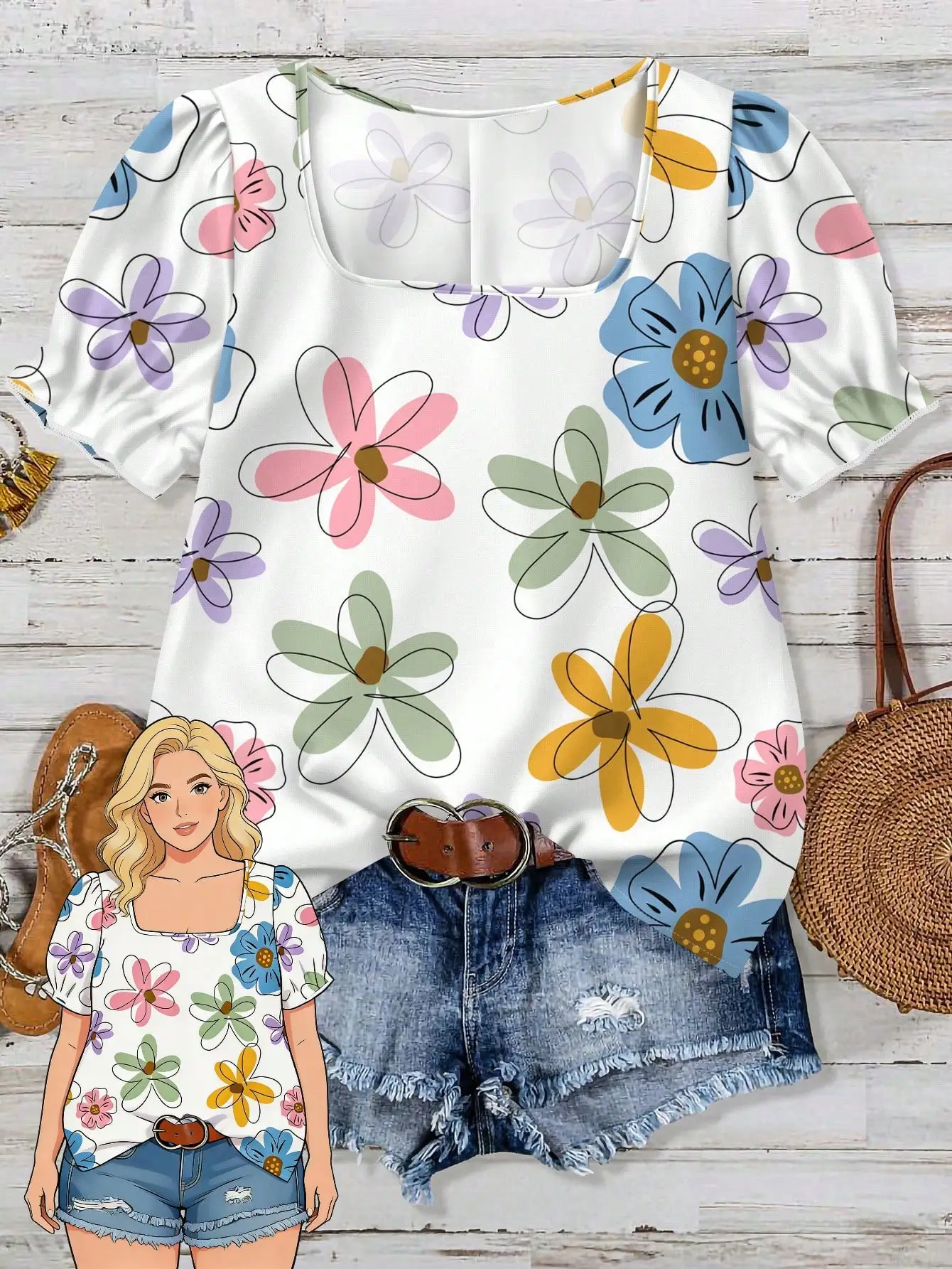 

Women Floral Print Puff Sleeve Blouse Loose Fit Spring Summer Casual Top