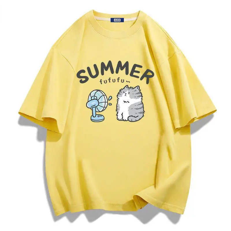 Top Women Summer Casual High Quality Cotton Couple Oversized T-shirt  Anime Cat Print Half Sleeve O Neck Women's Tees Tops Y2k