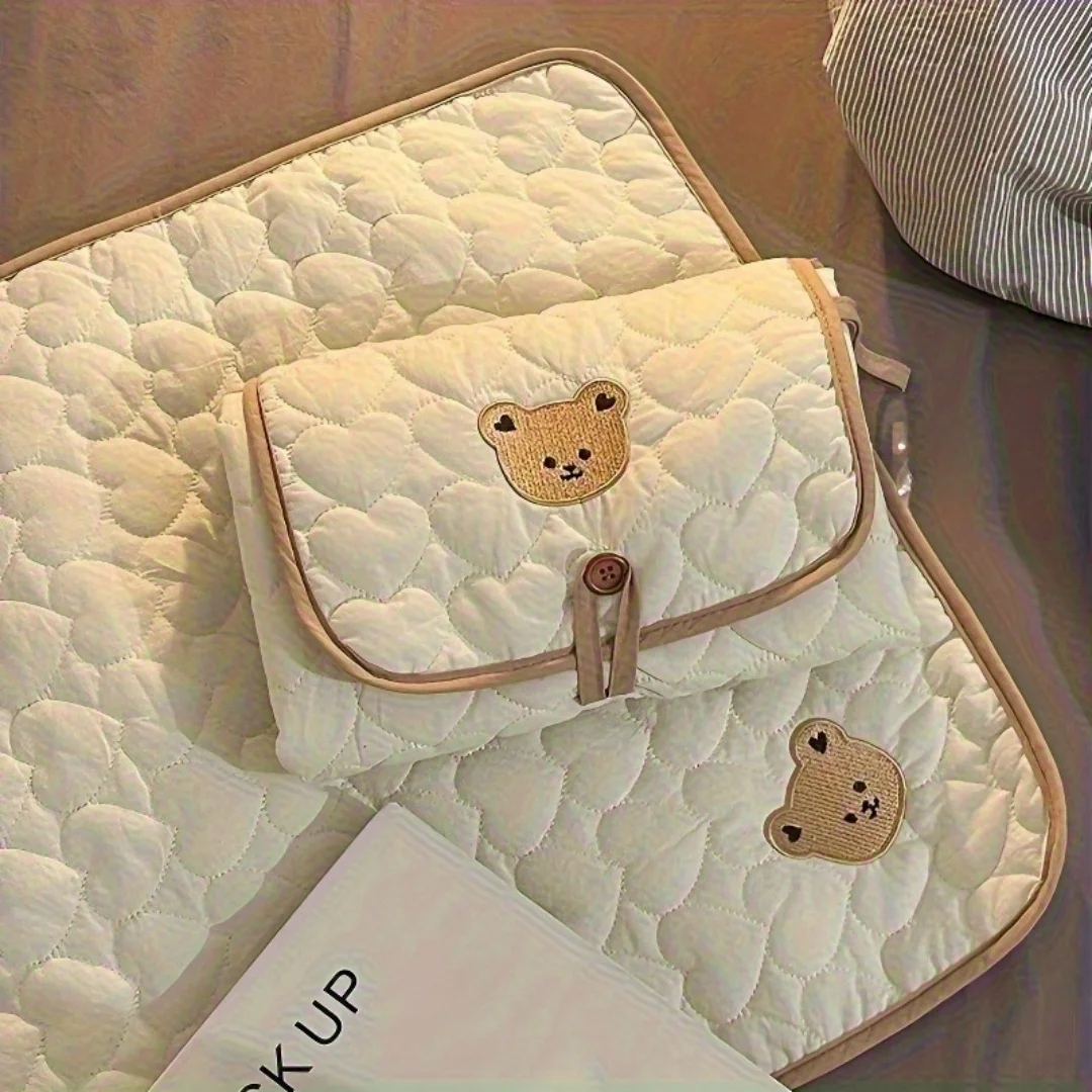 Cream Bear-Portable Diaper Changing Pad,Diaper Pouch-Foldable,Breathable with Adjustable Strap for Travel &Short Trip