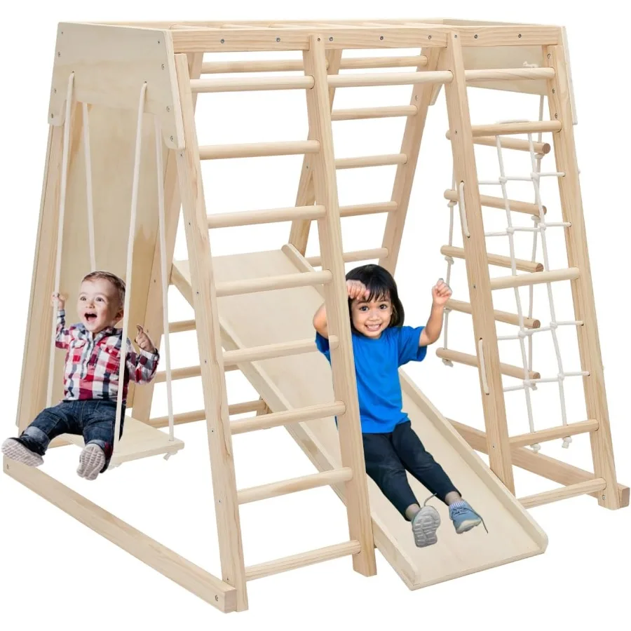 7-in-1 Pikler Indoor-Spielplatz Dschungel-Fitnessstudio-Spielset aus Holz, Montessori-Kletterer mit Rutsche, Kletterwand, Affenstangen, Seilleiter