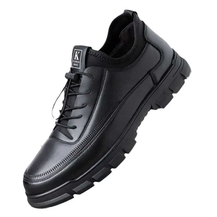 Men's Black Faux Leather Warm Fleece-Lined Lace-Up Sneakers Non-Slip Chunky Sole Comfortable Casual Shoes for Autumn Winter Cold