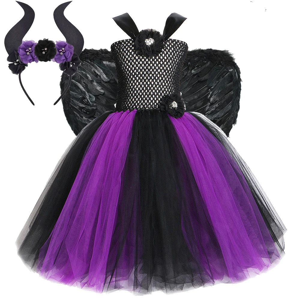 

Фиолетовые, черные длинные костюмы ведьмы для девочек, карнавальные нарядные платья на Хэллоуин, наряд-пачка полной длины с рогами, перьями и крыльями