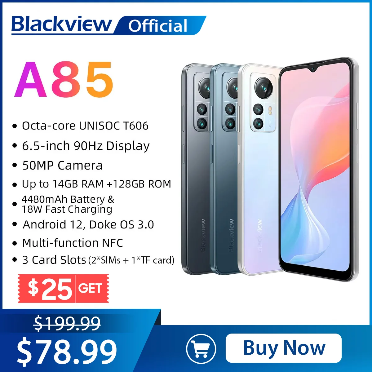 Blackview A85 Android 12 Smartphone 14Gb 128Gb 6.5 ''90Hz Display 50mp Achteruitrijcamera 'S 4480Mah 18W Opladen 3 Slot Kaart Nfc Mobiele Telefoon