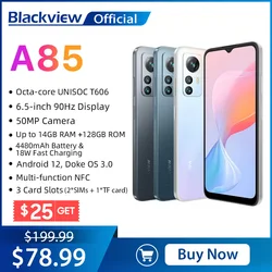 Blackview A85 smartphone Android 12 14GB 128GB 6.5 ''90Hz Display 50MP fotocamere posteriori 4480mAh 18W carica 3 Slot Card cellulare NFC