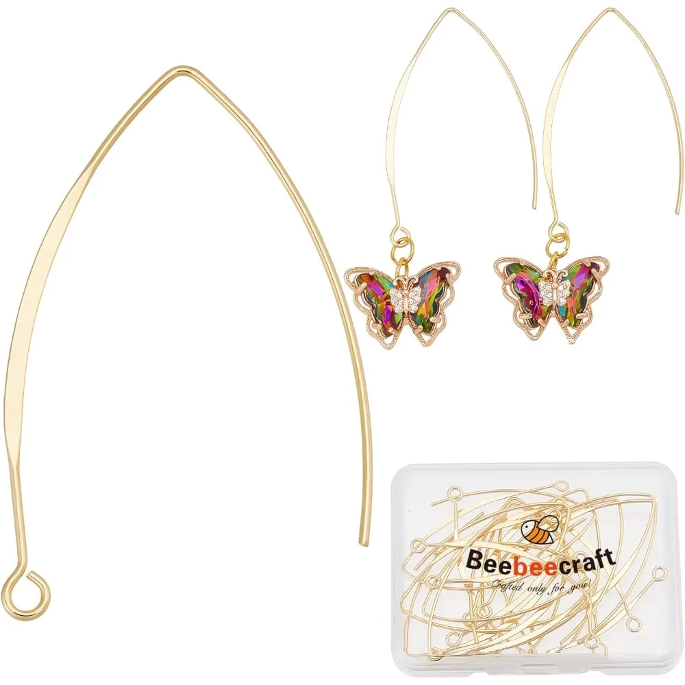 Beebeecraft 1 Box 20Pcs 18K Gold Plated Ear Wires V-Shape 43mm Drop Earring Hooks for DIY Making Findings (Wire 0.7mm)