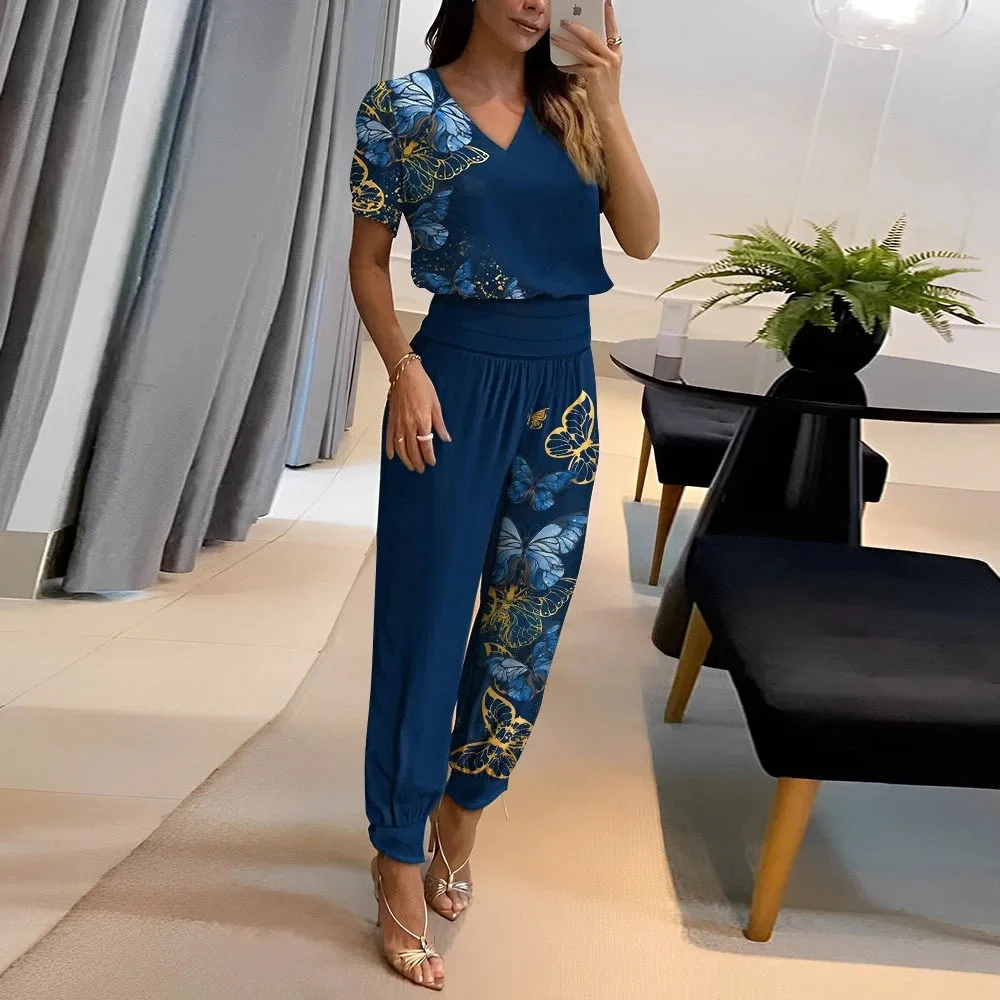 

Women's Summer Casual Fashion Puff Sleeve V Neck Top & Geometric Print Cuffed Pants Set Office Lady 2Pcs Set Workwear Suit Sets