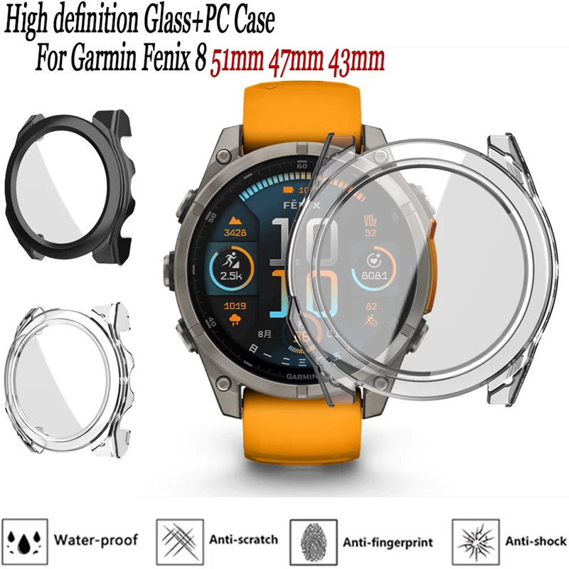 HD Glass+PC Case For Garmin Fenix 8 51-47-43mm Smartwatch Screen Protector Tempered Bumper Cover for Garmin Fenix 8 Accessories