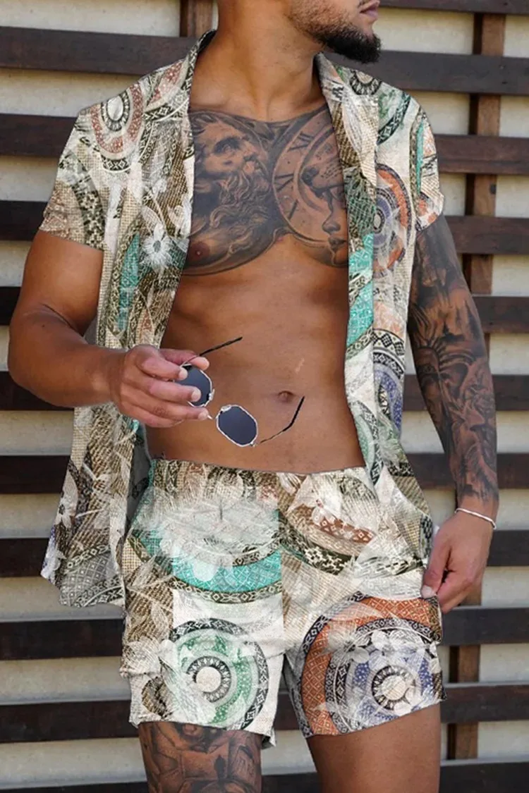 Conjunto de camisa con estampado 3D para hombre, traje Hawaiano de manga corta con patrón de rayas y cadena dorada Retro, pantalones cortos de playa