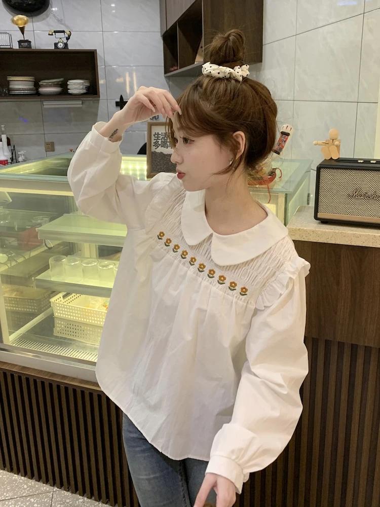 

Ele Embroidered Doll Collar irt Women's Long Sve Pred Pleat Top Korean Sle Loose Fit Pure Color Commute Wear
