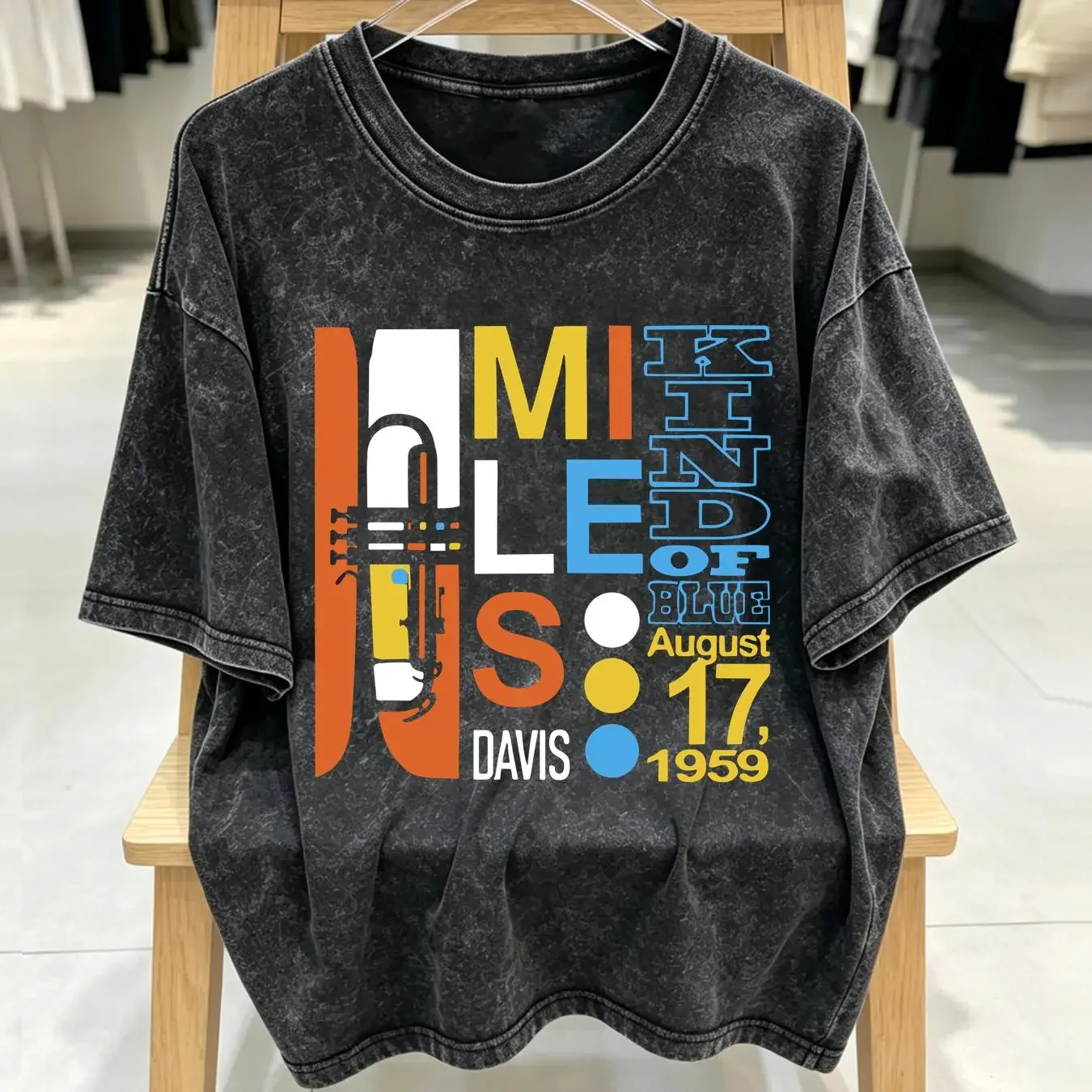 washed T Shirt Miles Davis Kind Of Blue jazz music john coltrane note vntg long or short sleeves vintage Washed Stylish Unisex