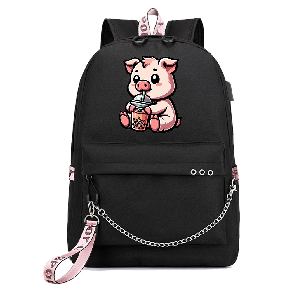 Pig Drinking Boba Tea Backpack Popular Fashion Travel Cute Backpacks Outdoor Sport School Bag for Fans Gift image 2