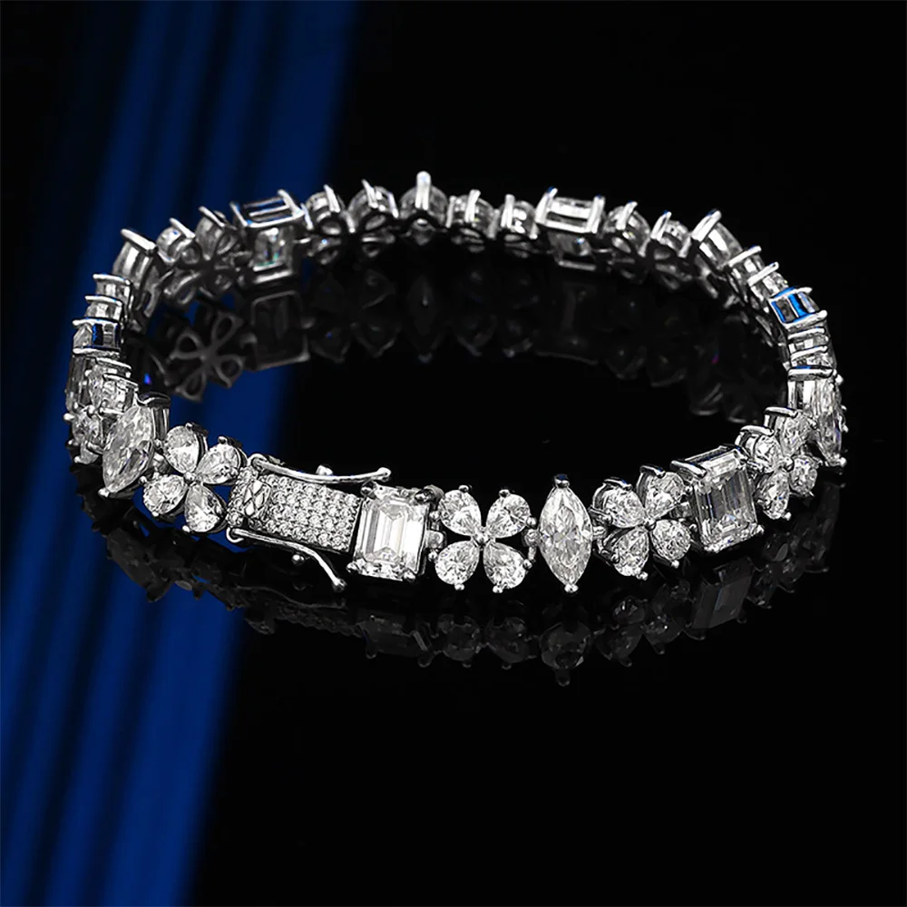 الصفاء الزمرد/الماركيز/الكمثرى جميع D مويسانيتي سوار للتنس للنساء هدية الصلبة S925 الفضة مختبر الماس زهرة سلسلة اليد