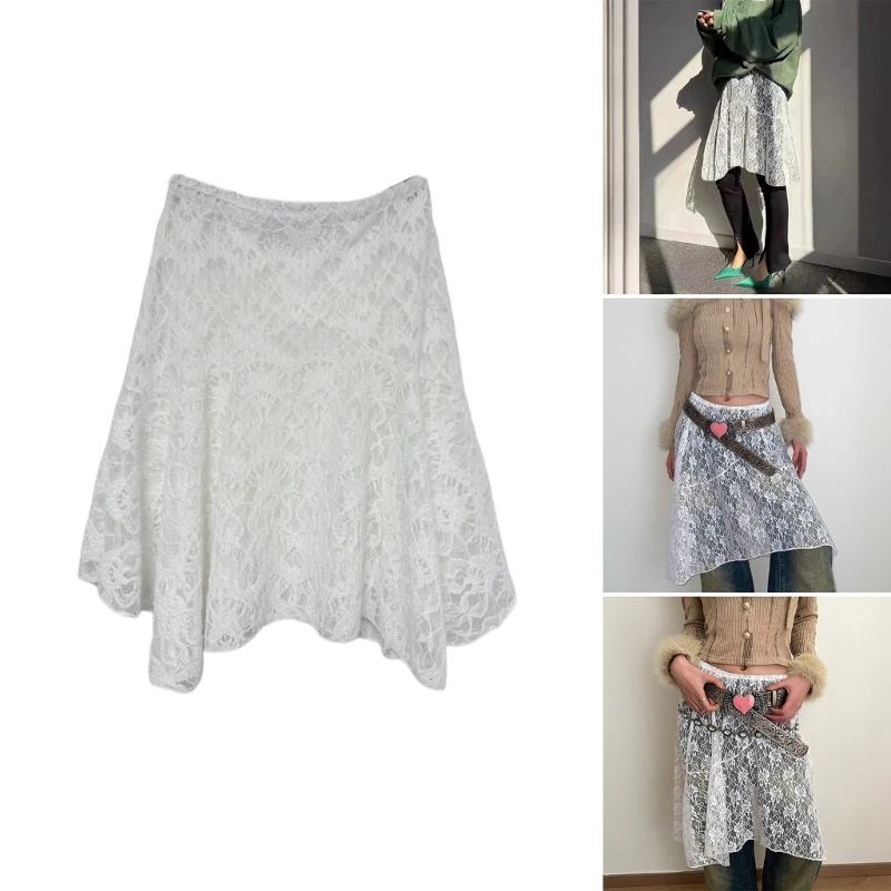 

Fairycore Layered Asymmetrical Sheer Florals Lace Midi Skirt for Women Elastic Waist A Line Vintage Ruffle Flowy Skirt