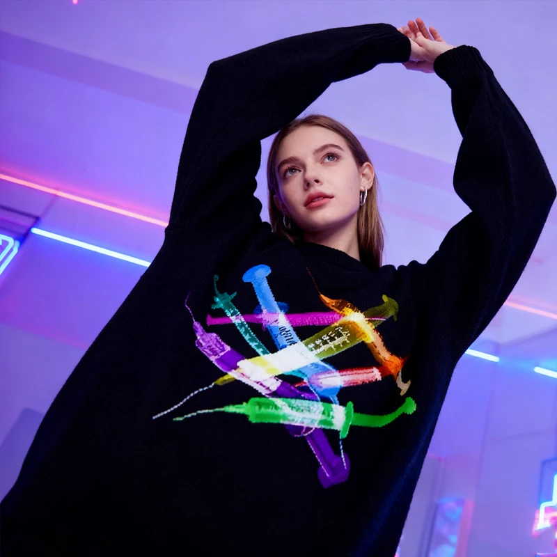 

Y2k Готический теплый вязаный свитер с красочным рисунком шприца, психоделическая унисекс уличная стильная эстетичная куртка с краями