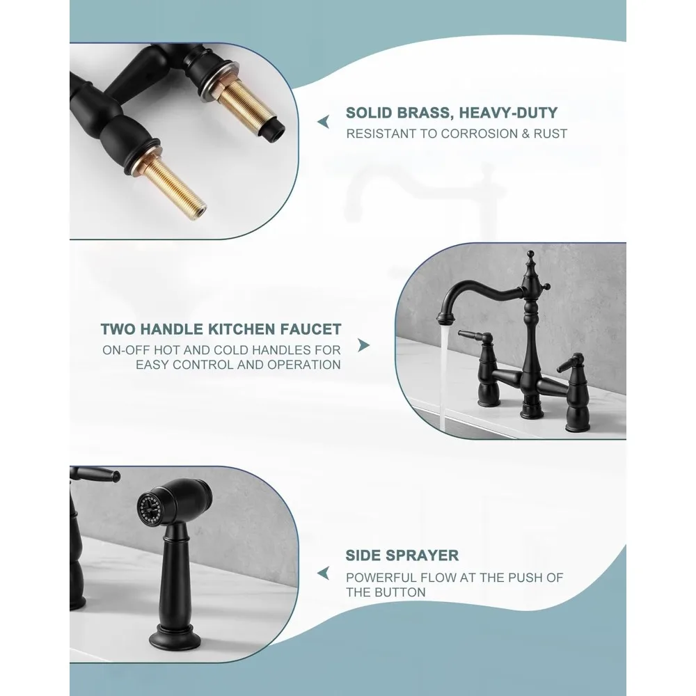 صنبور حوض المطبخ النحاسي المثبت على سطح السفينة مع بخاخ جانبي و360 °   تصميم دوار بمقبضين و4 فتحات #2