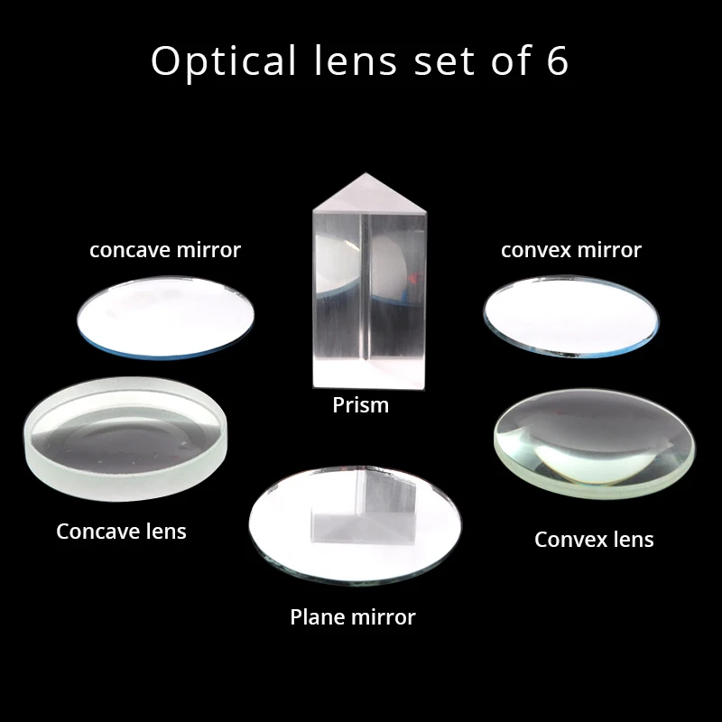 Optical Lens Set 6 PCS Concave Convex Lens mirror triangular prism Physical Optical Kit for Students School Lab Experiment