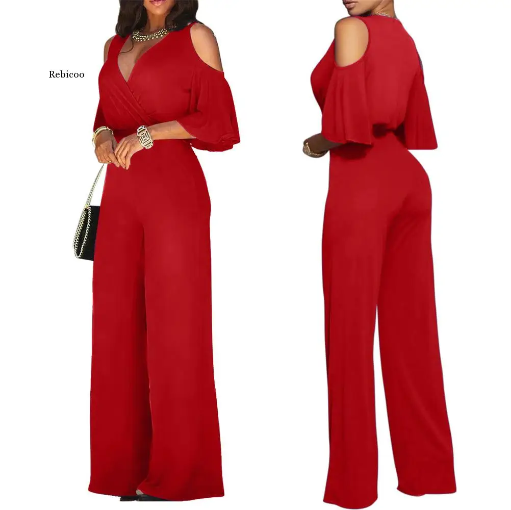 Women Casual Short Sleeve Solid Jumpsuit Sexy V-Neck Jumpsuit Ladies Three Quarter Sleeve CutOut Shoulder Wide Leg Jumpsuit