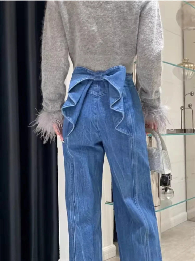 HOUZHOU Sweet Bow High Waist Jeans for Women Y2k Blue Vintage Aesthetic Straight Denim Trousers Korean Fashion Casual Baggy Jean