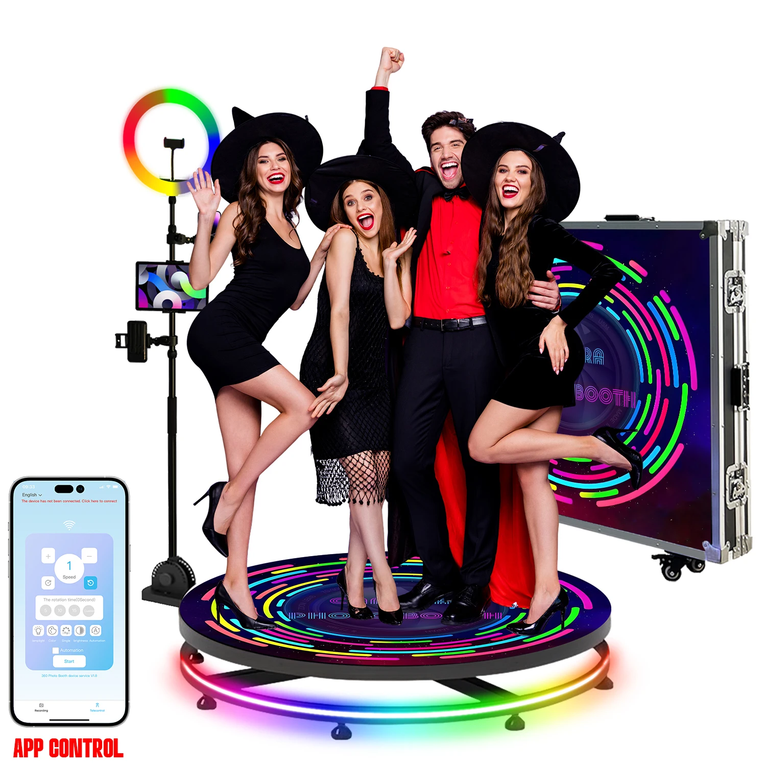 

360 Photo Booth Machine 68-115cm with RGB Ring Light, Free Logo, 360 Video Photo Booth for 1-5 People with Flight Case