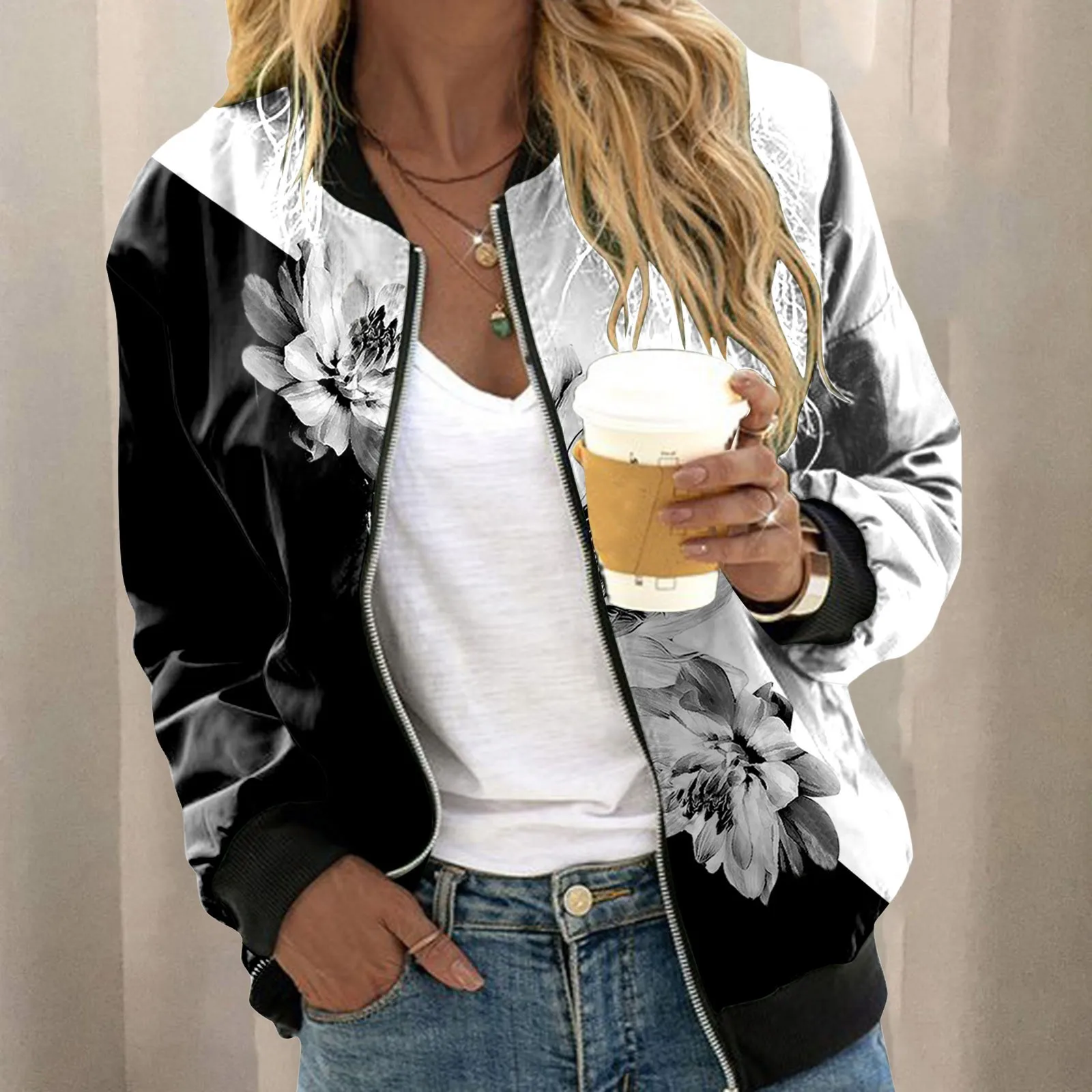 Fashion Splice Print Long Sleeve Women\'s Bomber Jacket Zipper Up Vintage Coat Tops Casual Slim Basic Ladies Jackets Outwear