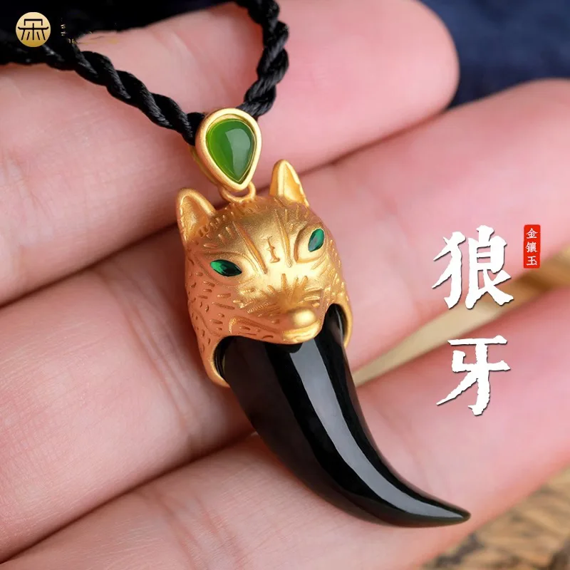 

Natural Hotan Jade Black Jade Wolf Pendant Men's Necklace Trendy and Dominant Versatile Top Grade Sweater Chain Gives Boyfriend