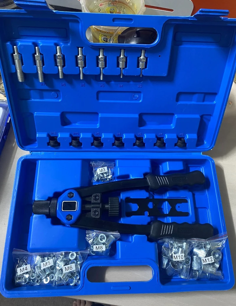 Ręczny nitonakrętka, nitonakrętka ręczna, zestaw narzędzi do nitonakrętek z 7 metrycznymi trzpieniami i 110 nitonakrętkami od M3 do M12