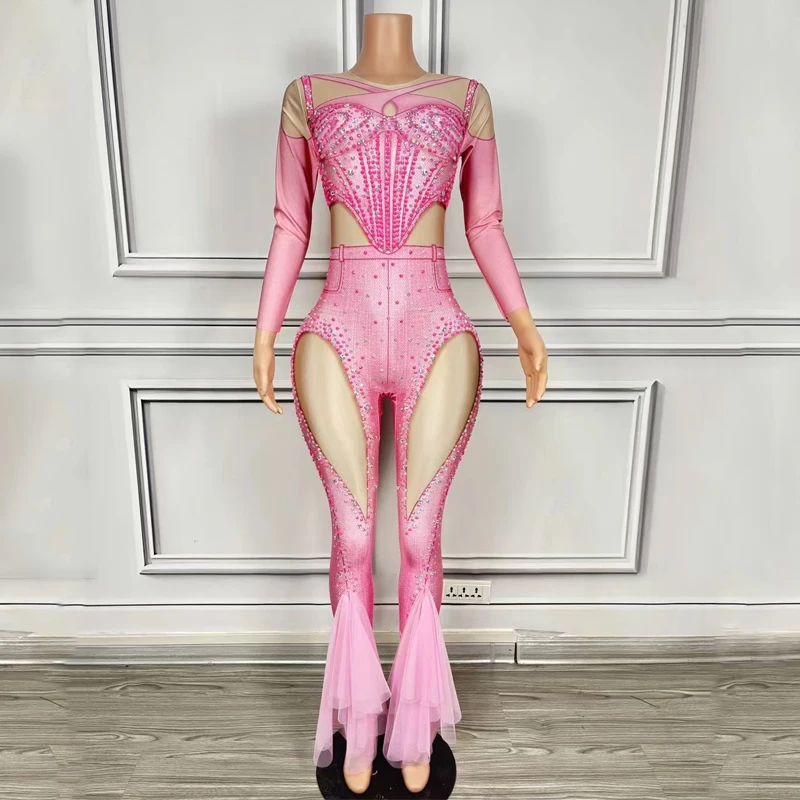 ピンクブルーラインストーン偽漏れデニムプリントジャンプスーツ女性ゴーゴーダンス衣装バーナイトクラブ Dj Ds ドラッグクイーン衣装 XS8096