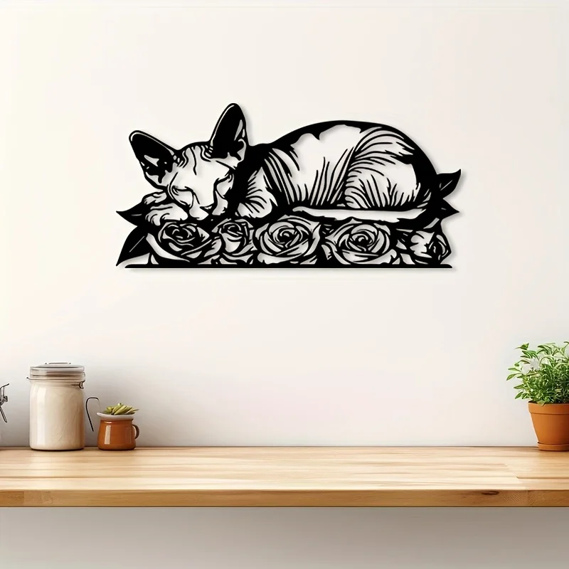 Brand Sphynx Cat Metal Wall Art Rustproof Iron Rose Statue Mural Decor Living Room Garden Cat Lovers