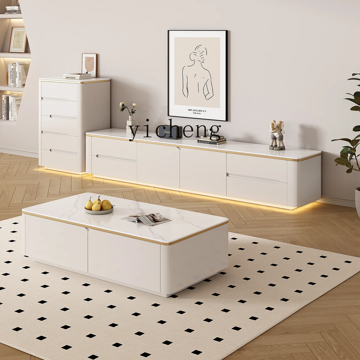 pure solid wood rock slab floor-to-ceiling TV cabinet coffee table combination household living room light luxury high new