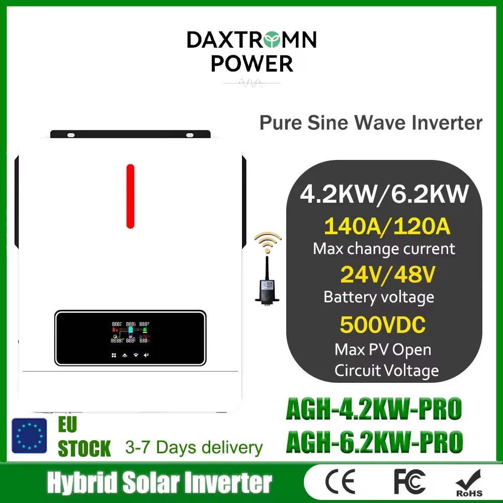 Daxtromn 4.2KW 6.2KW Hybrid Solar Inverter 24V 48V on/off Gird Dual Output MPPT 120A Hybrid MPPT Pure Sine Wave Solar Charger