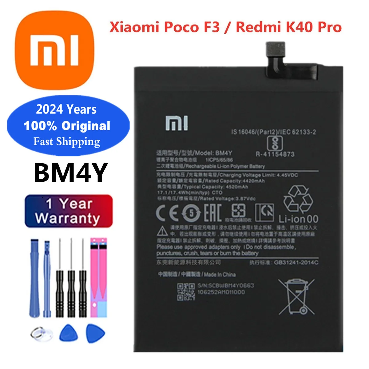 Bateria BM4Y para Xiaomi Poco F3, Baterias em Estoque + Ferramentas, 100% Original, 4520mAh, Redmi K40 Pro, K40Pro, 2020