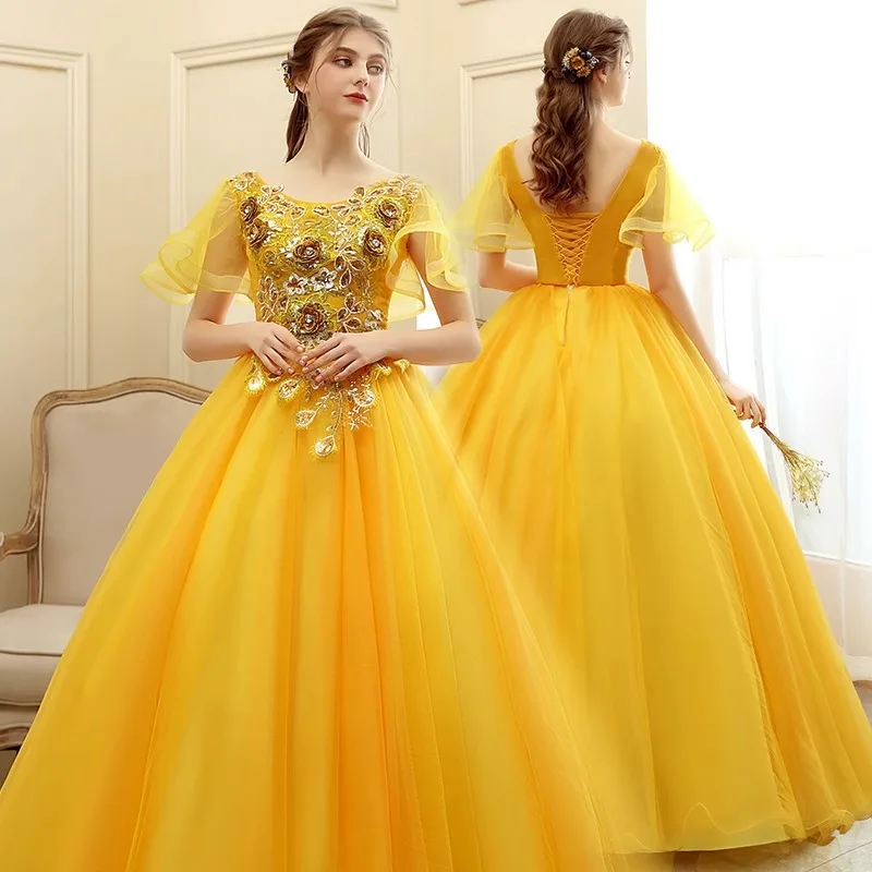 فستان سهرة ذهبي أنيق جديد للولائم الصيفية نمط طويل زهرة الجنية منفردة الفن امتحان الأداء فستان منتفخ تنورة موضوع الاستوديو #4