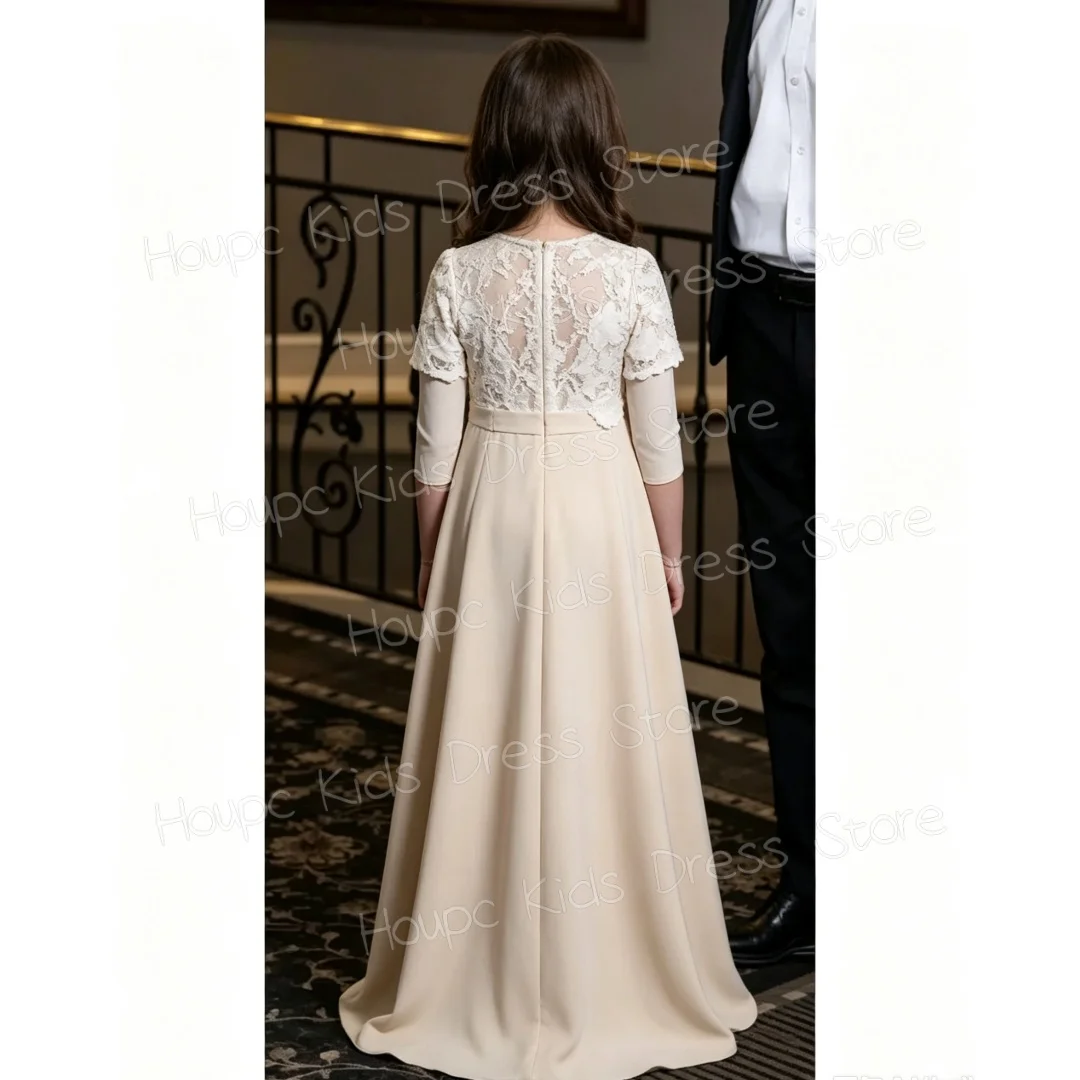 Custom Champagne Lace Flower Girl Dress for First Communion Satin Skirt, Half Sleeve A-Line Gown with Scalloped Bodice Custom