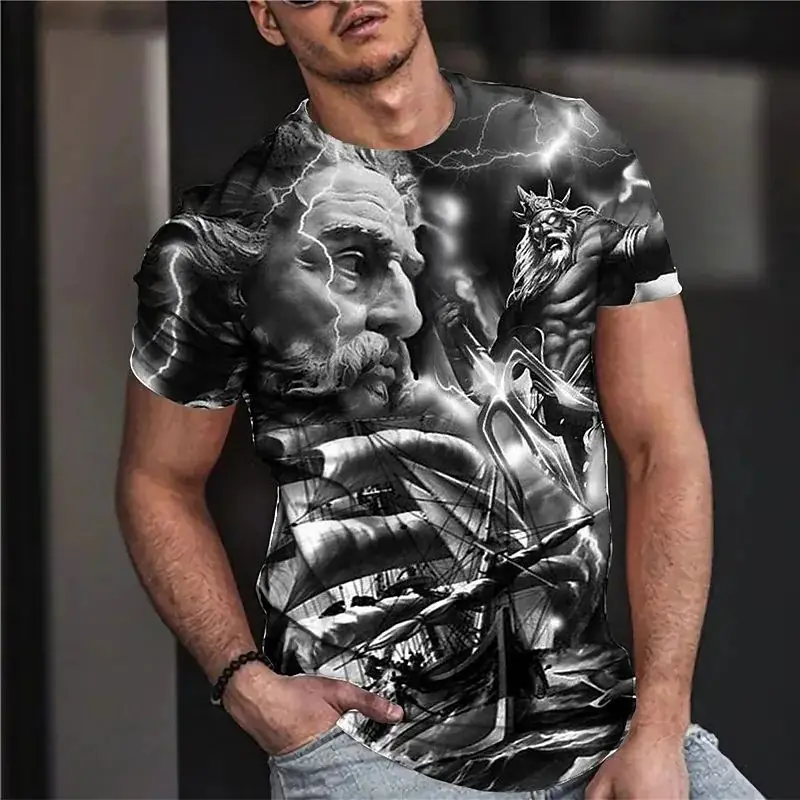 Camiseta con patrón de motocicleta clásica Vintage para hombre, 3d Camiseta con estampado, cuello redondo, manga corta, tendencia de personalidad