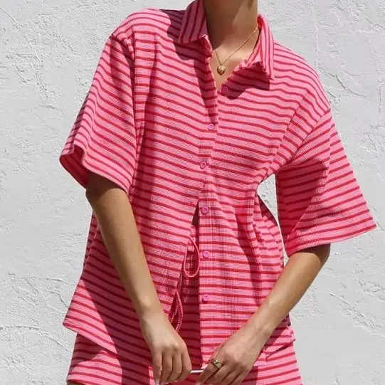 

Women 2 Piece Lounge Sets Summer Casual Striped Knit Short Sleeve Button Down Shirt and Shorts Matching Sets