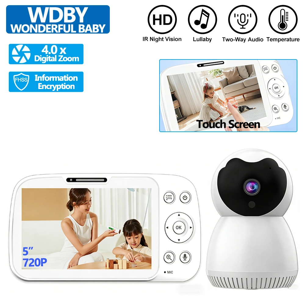 

5 Inch Touch Screen Baby Monitor with 4X Zoom Pan-Tilt Camera Two-Way Audio VOX Lullabies IR Night Vision Baby Safety Nanny Cam