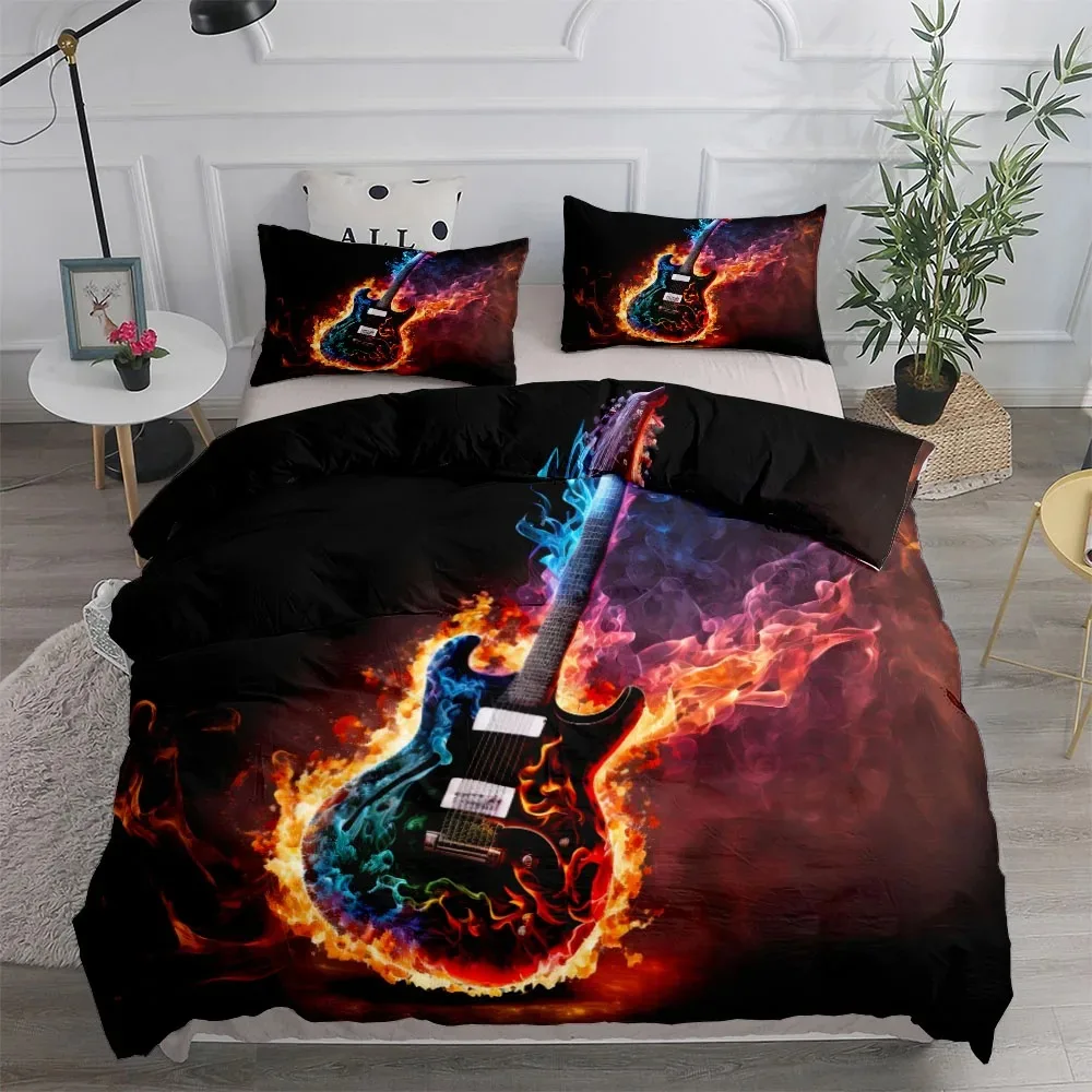 

Guitar On Fire Abstract Duvet Cover Set UK Single Double Queen US Twin Full King Size Bed Linen Set