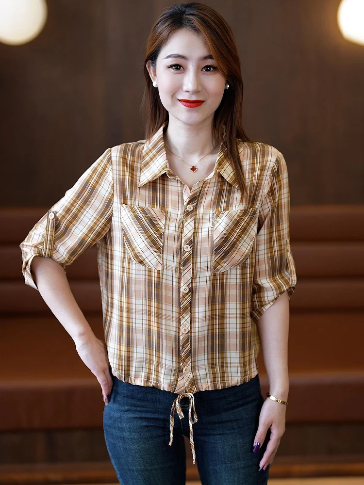 Faionable Plaid ort Sve irt Dames Herfst Nieuwe Sle Jeugdig Klein formaat Koreaanse versie Recht gesneden Ademend