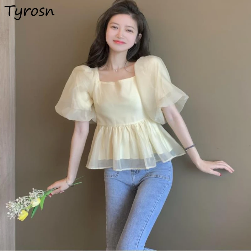 Blouses Women Puff Sleeve Lovely Folds Design Solid Simple New Korean Style Ladies Sweet All-match Trendy Summer Daily Ins Fit