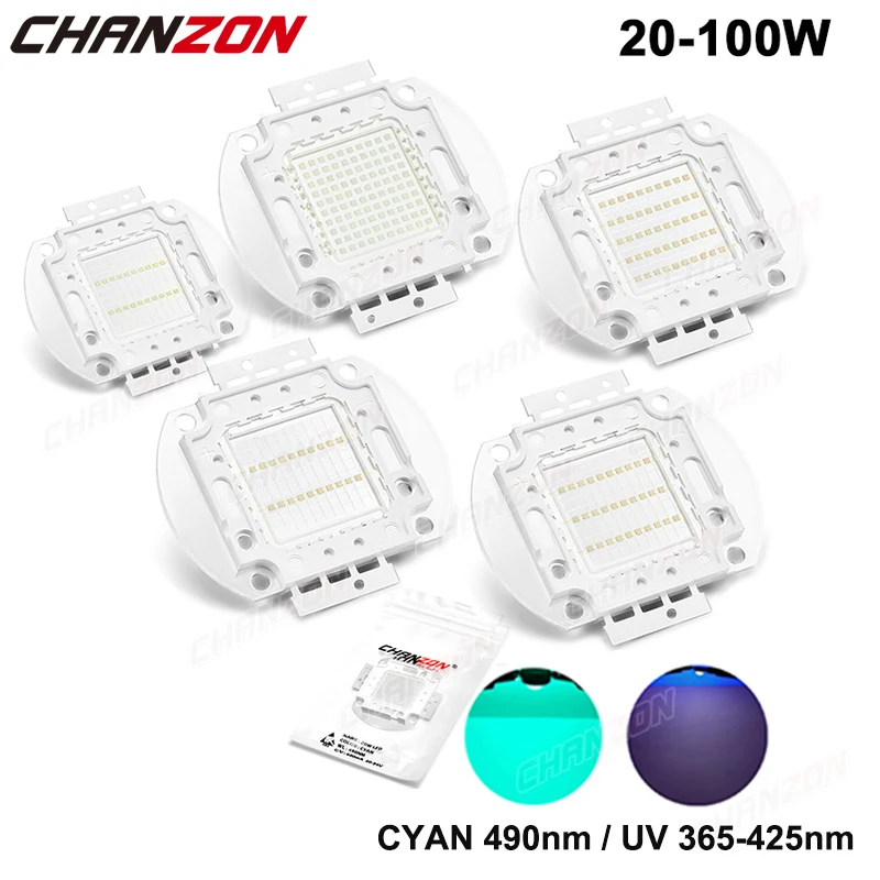 High Power Uv Cyan Led Chip 20W 30W 50W 100W 365nm 370nm 375nm 385nm 395nm 400nm 405nm 425nm 490nm Smd COB Ultraviolet Lamp Bulb