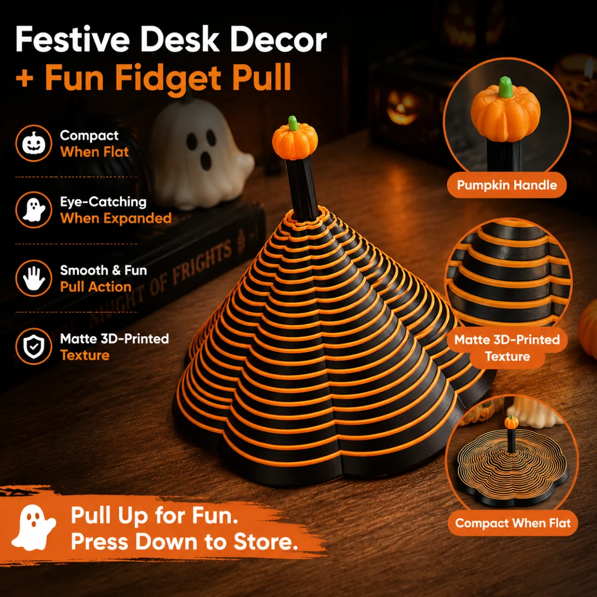 1Pc Retractable Spiral Pumpkin Fidget Toy,3D Printed Eco PLA,Black Orange Striped,Halloween Desk Stress Relief Ornament