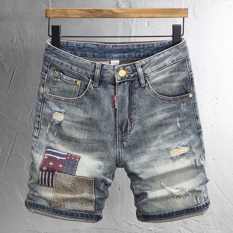 

Fashionable Summer Men's Jeans Vintage Washed Blue Elastic Slim Fit Split Jeans Shorts Panel Designer Vintage Shorts