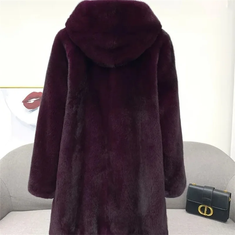 Lmitation fur Mink Coat for middle-aged And Elderly Women With Hats Mink Fur Coat For medium to Long Warm Hooded fur Outwear 6XL