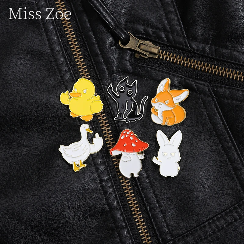 Cartoon Mushroom Animal Enamel Pin Duck Goose Rabbit Gesture Disdain satire Brooches Badge Lapel For Backpack Hat Jewelry