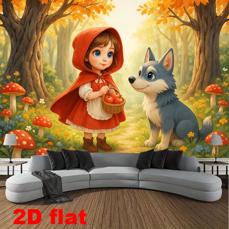 2D, 1 Stück roter Hintergrundstoff mit Waldmotiv aus Der Rotkäppchen- und Der Schrecklichen Wölfe-Geschichte – Lebendiger Pilz-Hintergrundstoff – Detail 5
