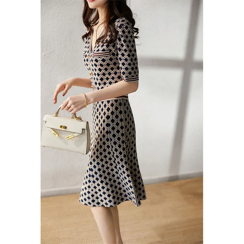 Summer New Elegant Fashion Diamond Printed Knitting Dress Female V-neck Waist Vintage Robe Women Temperament Vestidos De Fiesta