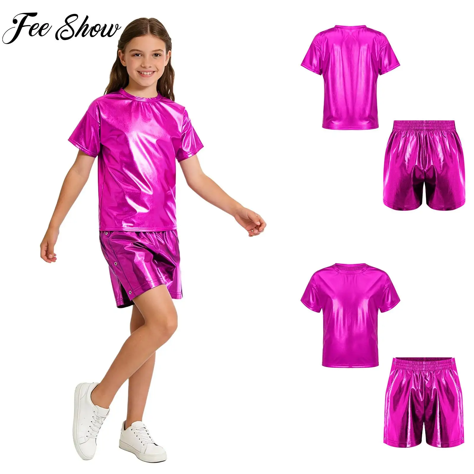 

Unisex Kids Girls Boys Jazz Hip Hop Dance Outfit Short Sleeve Metallic T-shirt+Shiny Shorts 2-piece Set for Carnival Party Stage
