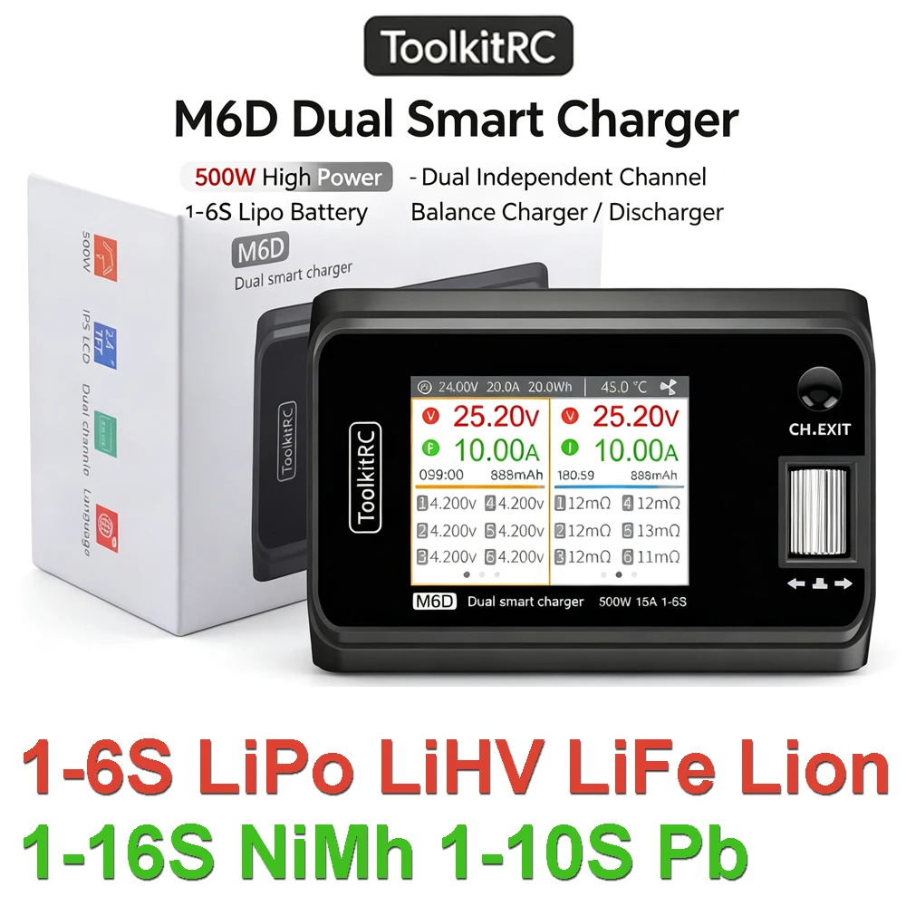 ToolkitRC M6D 500W 15A DC Dual Channel Mini Smart Lipo Battery Balance Charger Discharger for 1-6S RC FPV Drone Car Helicopter