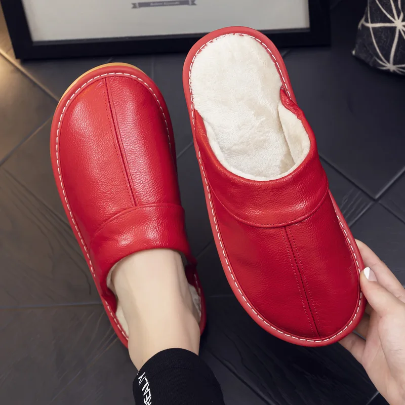 Zapatillas de casa para hombre y mujer, zapatos cálidos de invierno, de algodón y cuero, antideslizantes, de fondo grueso y terciopelo