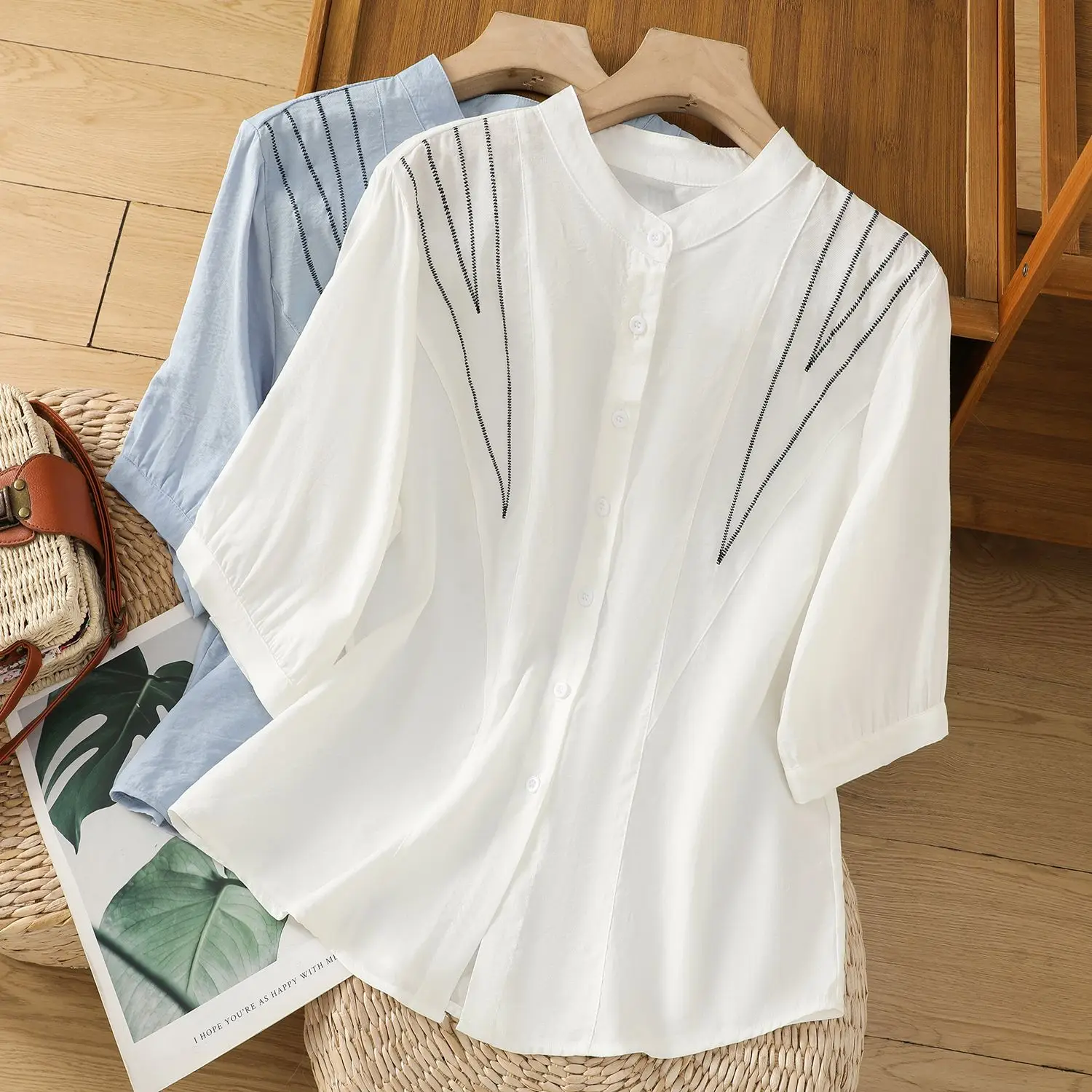 

Short-sleeved Embroidered Shirt for Women New Style Cotton and Linen Korean Version Loose and Versatile Elegant White Blouse